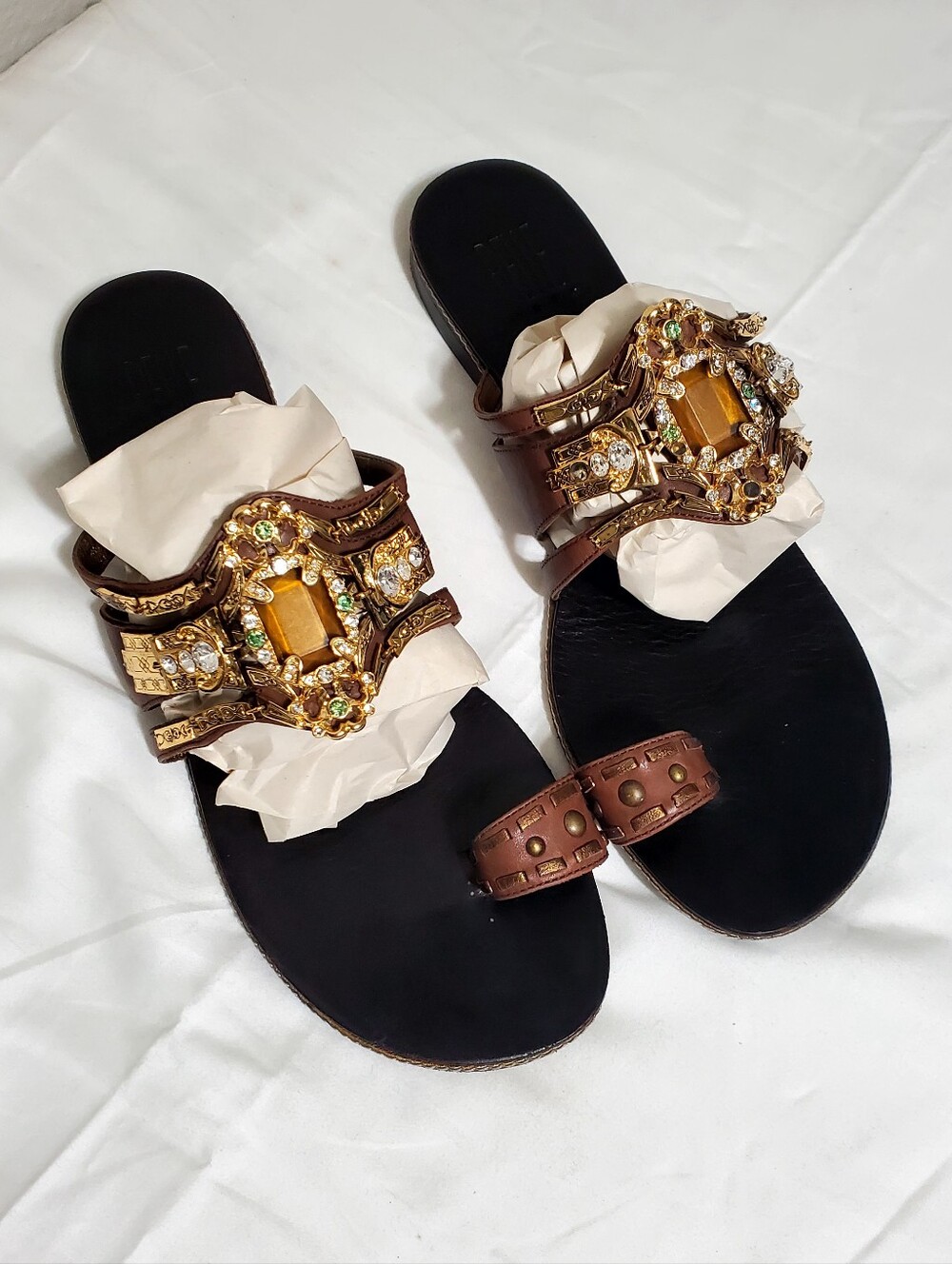 Pelle Moda Giuseppe Zanotti Brown Leather Jeweled Embellished Flat Sandals sz 8